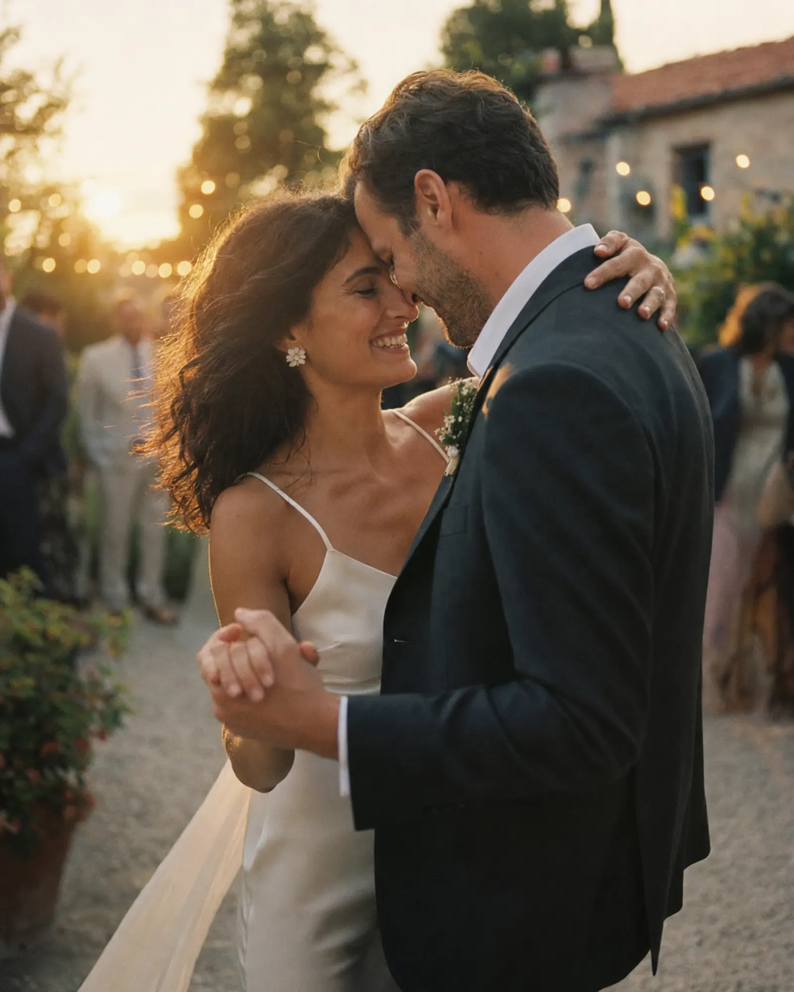 Wedding couple celebrating with guests