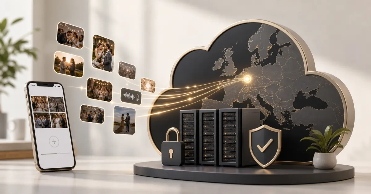 Secure EU cloud storage visual with event media flowing into European data infrastructure