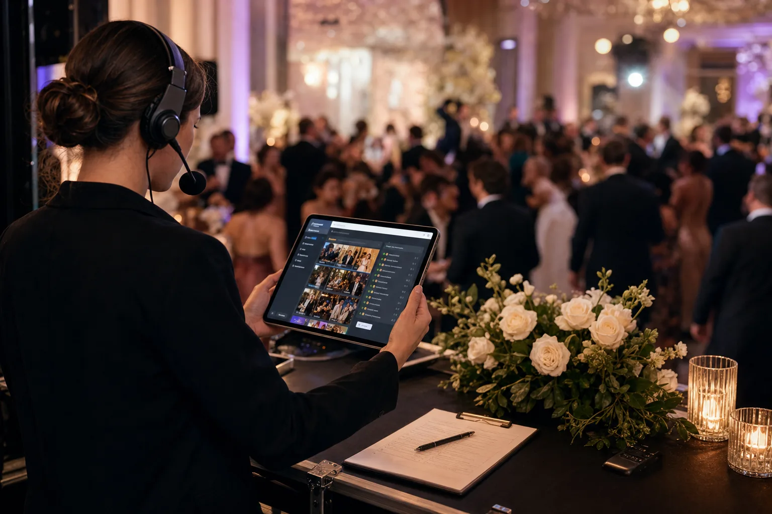 Event producer backstage monitoring live uploads and moderation on a tablet during a luxury event