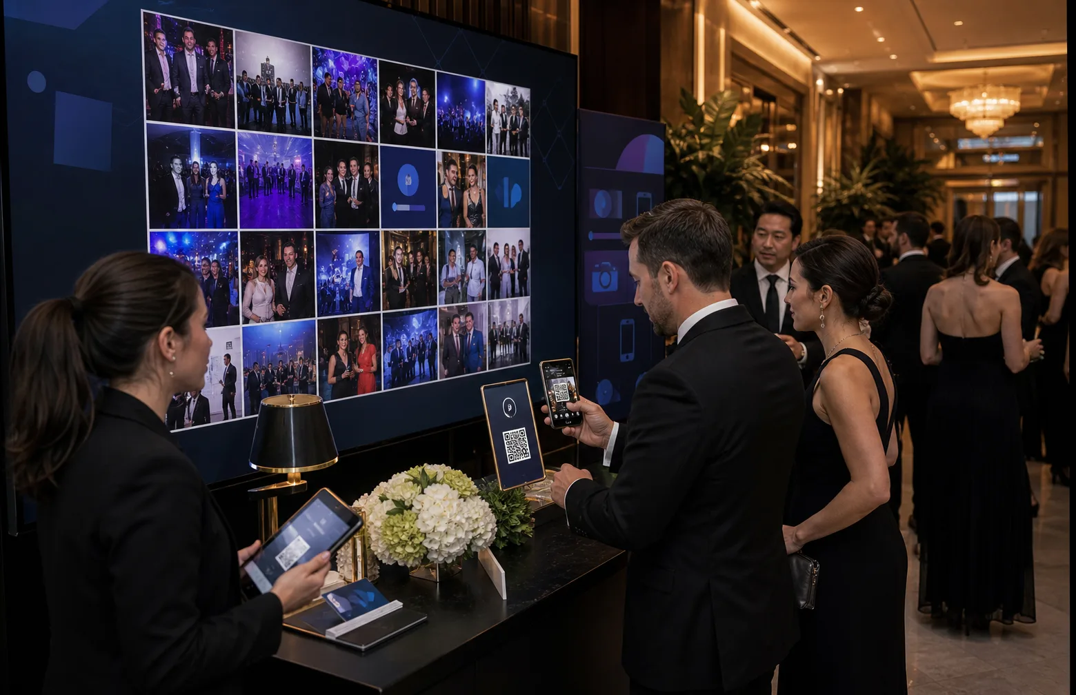 Corporate event check-in area with a live gallery wall, QR cards, and staff monitoring uploads on a tablet