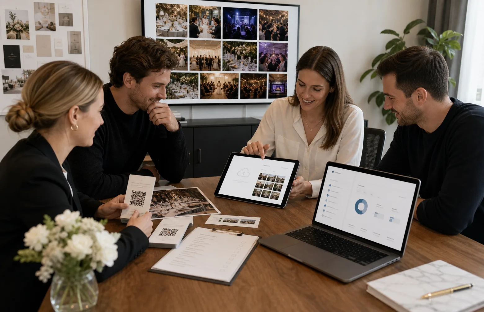 Event agency team reviewing QR cards, a tablet upload flow, and admin controls during onboarding